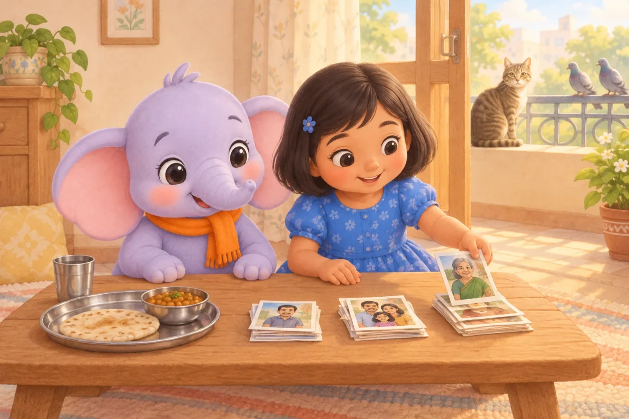 Masti the elephant sits at a dining table beside a six-year-old girl who sorts family photos into small piles, with a roti and a steel tumbler nearby.