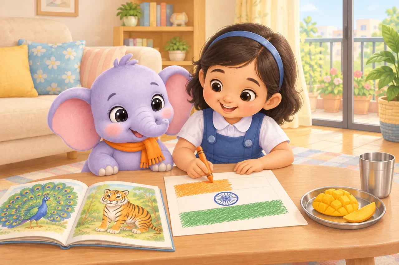 Masti the elephant sits at a low table beside a six-year-old girl who colours a paper flag in saffron, white and green, with a picture book open at a peacock and a mango on a steel plate.