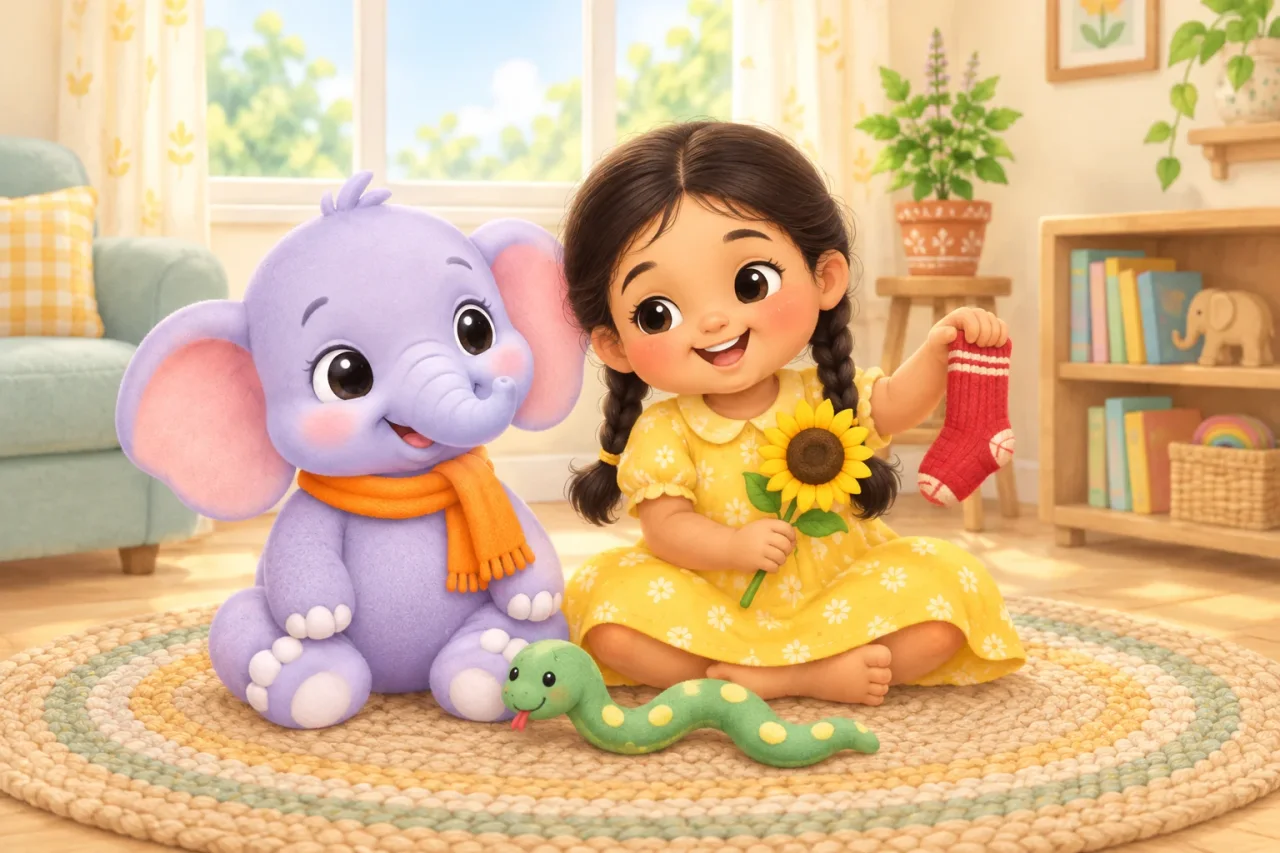 Masti the elephant sits on a rug beside a four-year-old girl who holds up a red sock and a sunflower, with a toy snake between them.