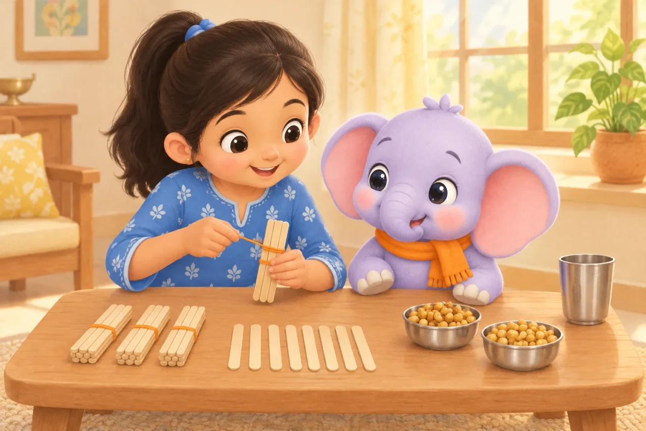 Masti the elephant sits at a low table beside an eight-year-old girl who ties a rubber band around a bundle of ten sticks, with three bundles and loose sticks in front of them.