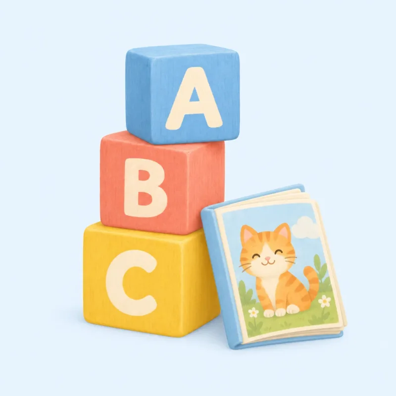 Three wooden toy blocks showing A, B and C, with a picture book of a smiling cat leaning on them.