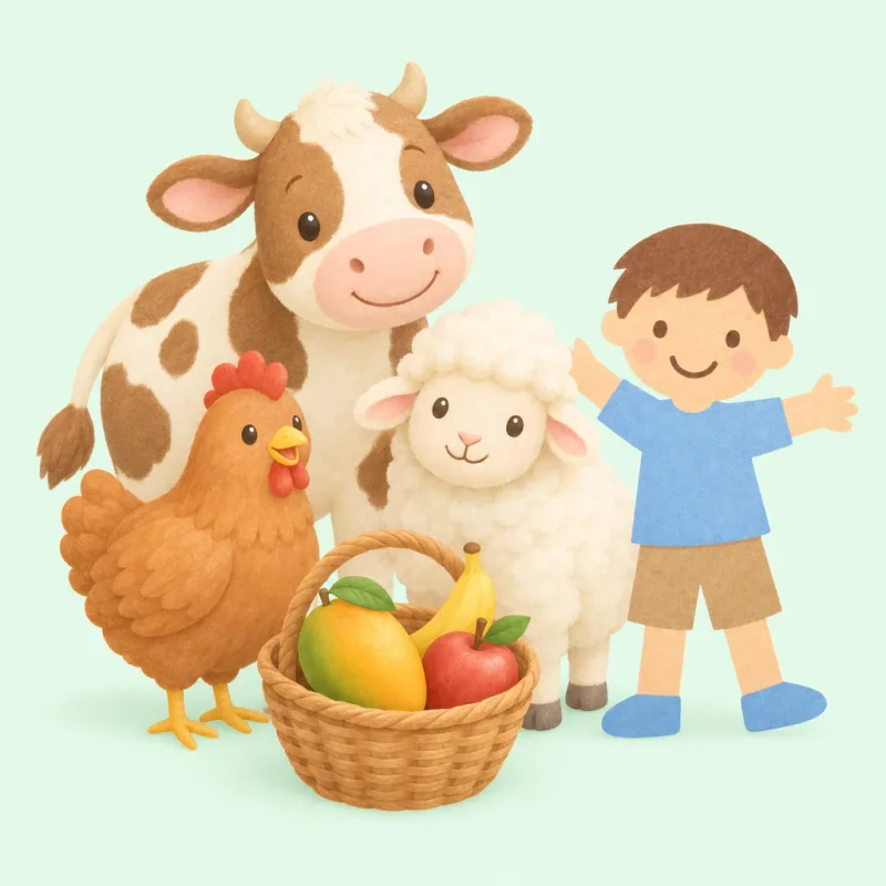 A cow, a hen and a sheep beside a basket of mango, banana and apple, with a child standing arms wide.