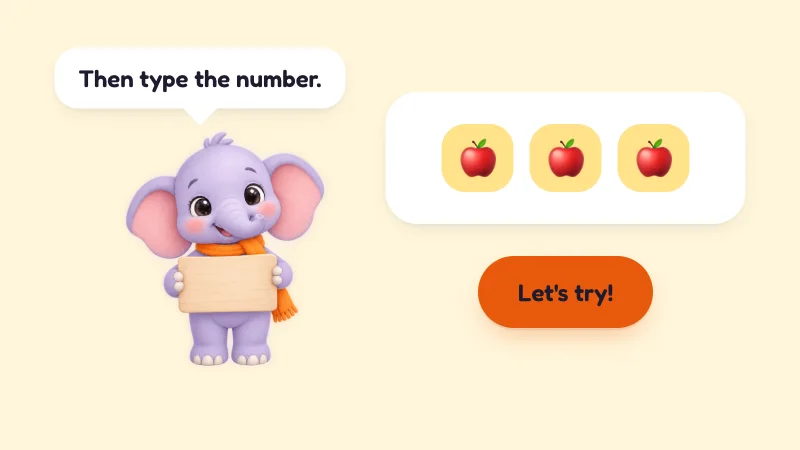 Masti holds a sign and says "Then type the number." beside three apple tiles and a "Let's try!" button.