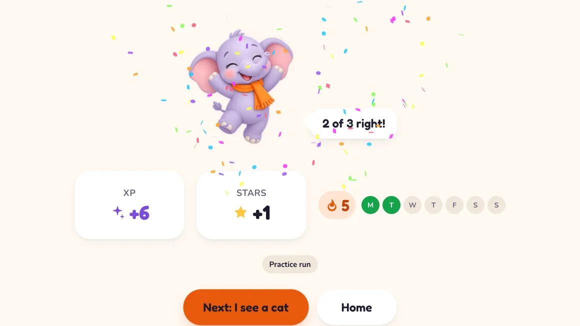 Celebrate step: confetti around a cheering Masti, "2 of 3 right!", +6 XP, +1 star, a 5-day streak and a "Next: I see a cat" button.