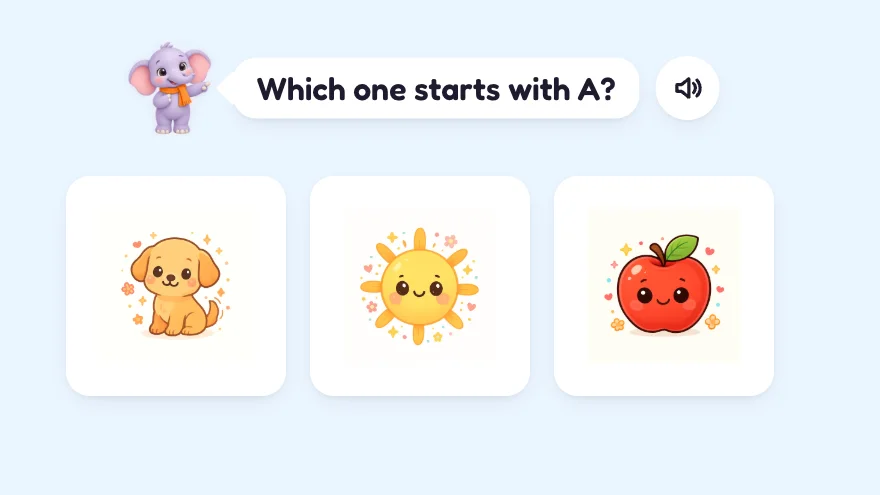 Play step: Masti asks "Which one starts with A?" above pictures of a dog, the sun and an apple.