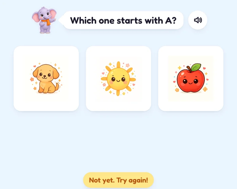 A wrong answer: the pictures stay, and an amber pill says Not yet. Try again!
